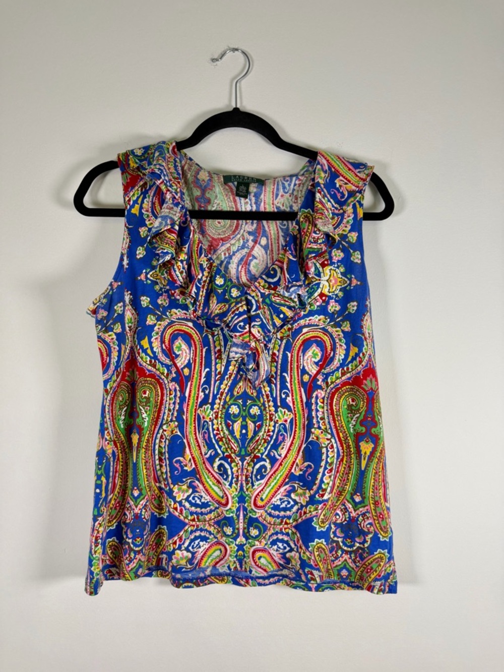 Ralph Lauren Blue Multicolor Paisley Ruffle Sleeveless Top